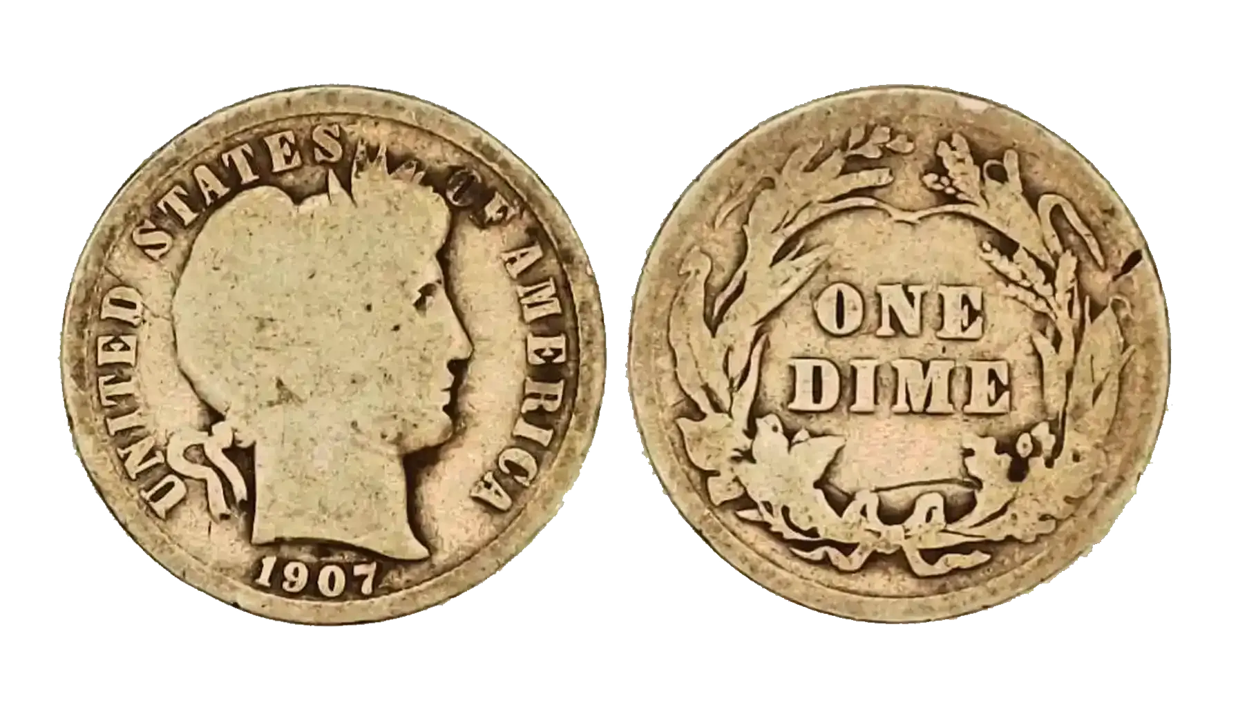 1907 Barber dime obverse and reverse showing Liberty head and wreath design