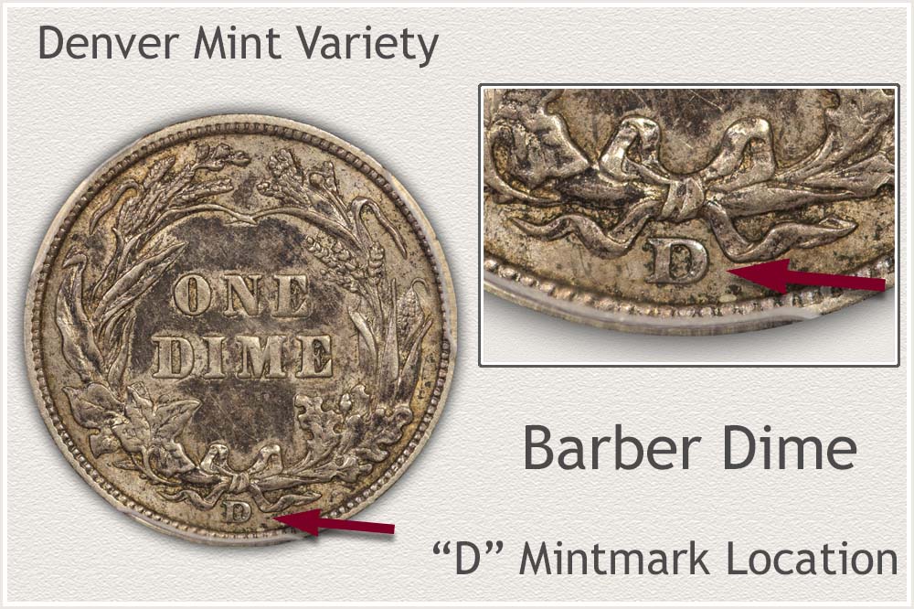 1907-D Denver Barber dime RPD FS-301 repunched date variety showing doubled numerals under magnification