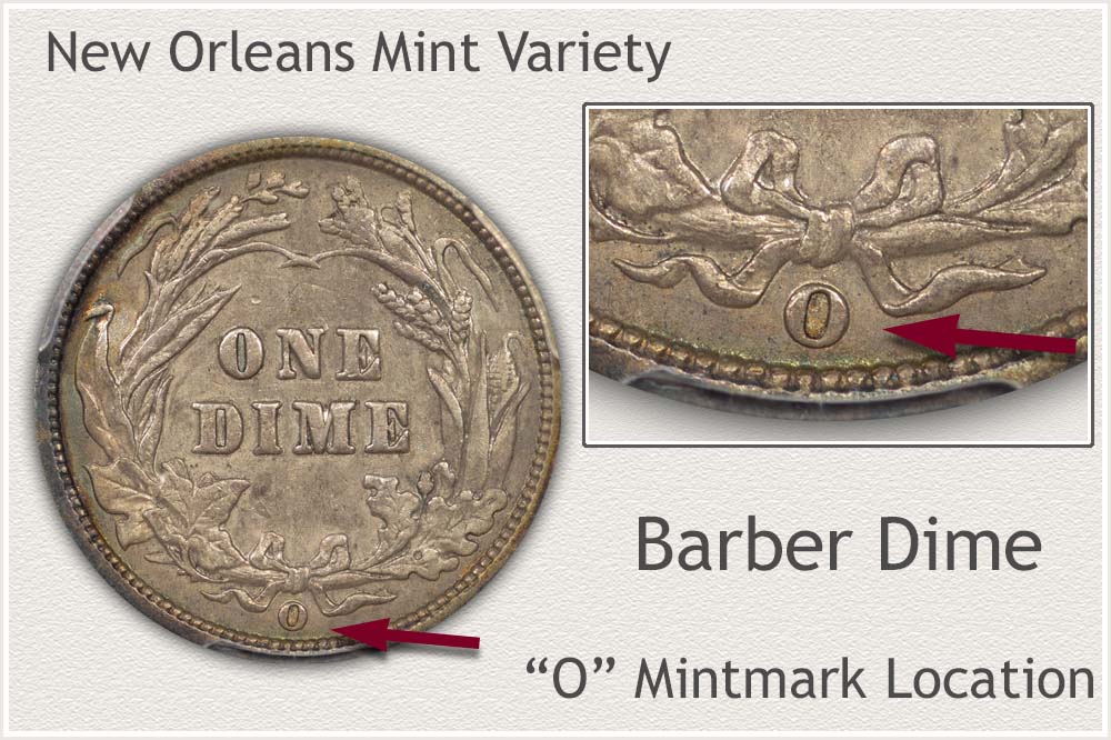 1907-O/O Barber dime RPM FS-501 repunched mint mark showing doubled O impression below ribbon bow