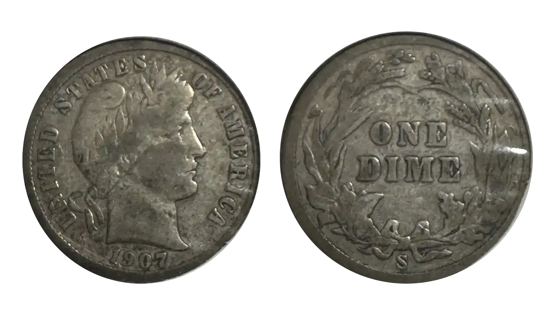 1907 Barber dime off-center strike error coin showing design shifted from center with date visible