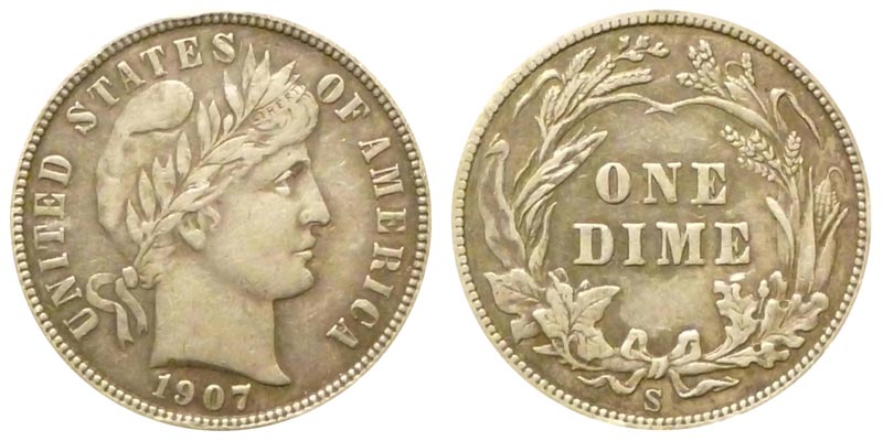Group of 1907 Barber dimes from all four mints showing range of grades from worn to mint state