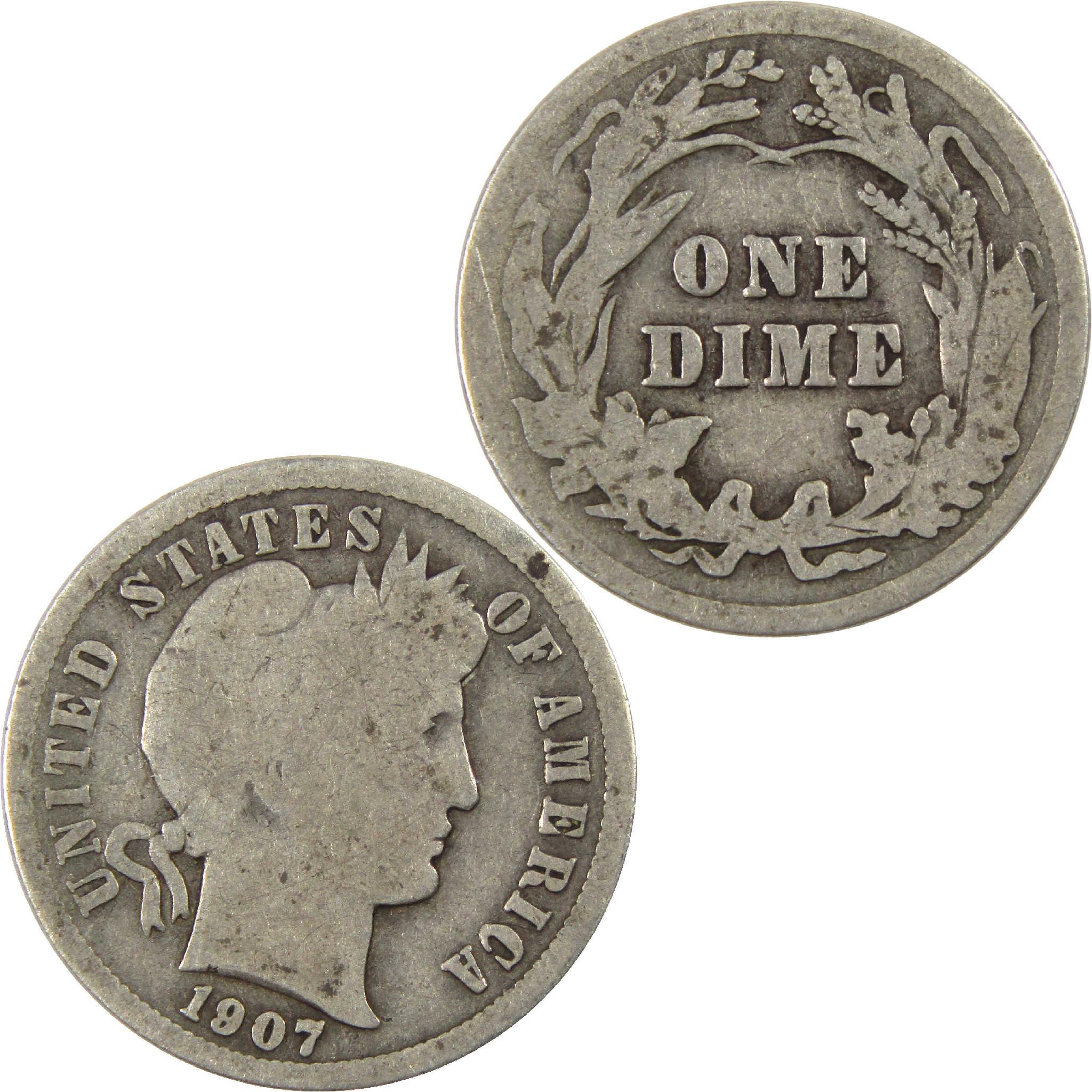 1907 Barber dime grading strip showing four coins from Good to Gem Mint State condition
